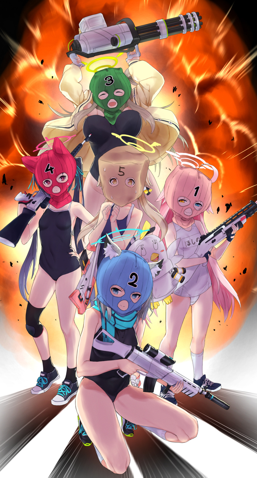 5girls :3 absurdres animal_ears assault_rifle blue_archive explosion fox_ears gatling_gun gun halo heterochromia hifumi_(blue_archive) highres hoshino_(blue_archive) kuma_(jk0073) long_hair looking_at_viewer mask multiple_girls nonomi_(blue_archive) open_mouth rifle school_swimsuit serika_(blue_archive) shiroko_(blue_archive) shotgun sweat sweatdrop sweating_profusely swimsuit twintails weapon