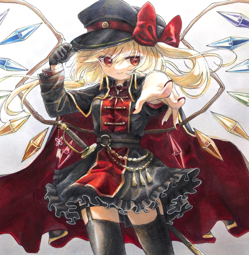 1girl aiguillette alternate_costume bangs black_capelet black_dress black_gloves black_headwear black_legwear blonde_hair bow breasts capelet commentary_request contrapposto cowboy_shot crystal dress eyebrows_visible_through_hair flandre_scarlet flat_cap foreshortening frills garter_straps gloves gold_trim gradient gradient_background grey_background grin hair_bow hand_on_headwear hat highres hisako_(6anmbblfnjueeff) looking_at_viewer military military_uniform nail_polish one_side_up reaching_out red_bow red_eyes red_nails short_hair simple_background single_glove small_breasts smile solo standing swept_bangs tassel thigh-highs touhou traditional_media uniform wings