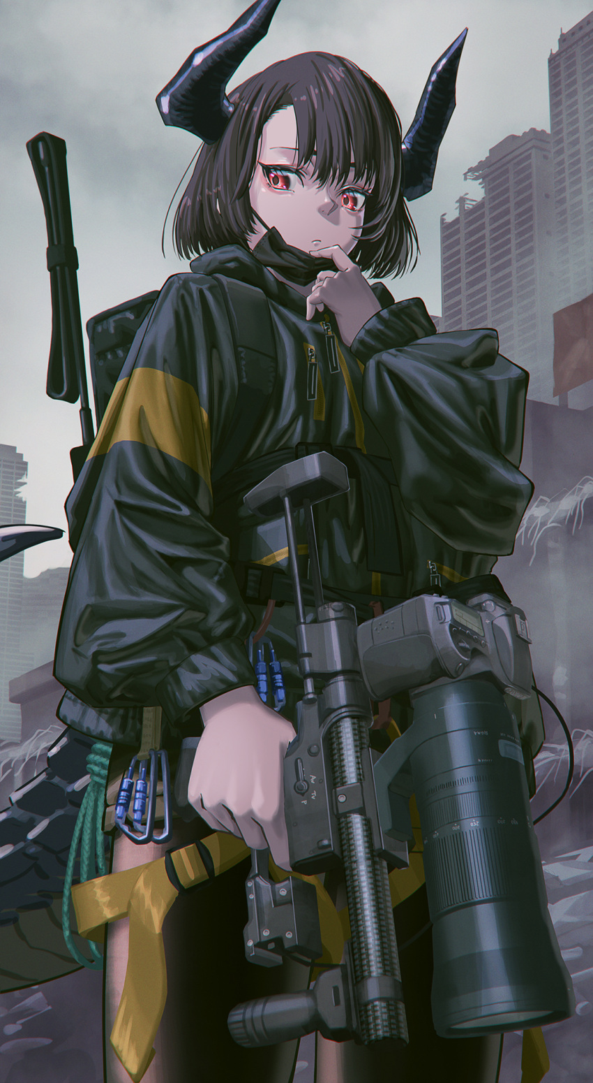 1girl black_hair camera commentary folding_stock foregrip highres hironii_(hirofactory) holding horns jacket mask mask_pull mouth_mask original outdoors red_eyes ruins short_hair solo surgical_mask tail
