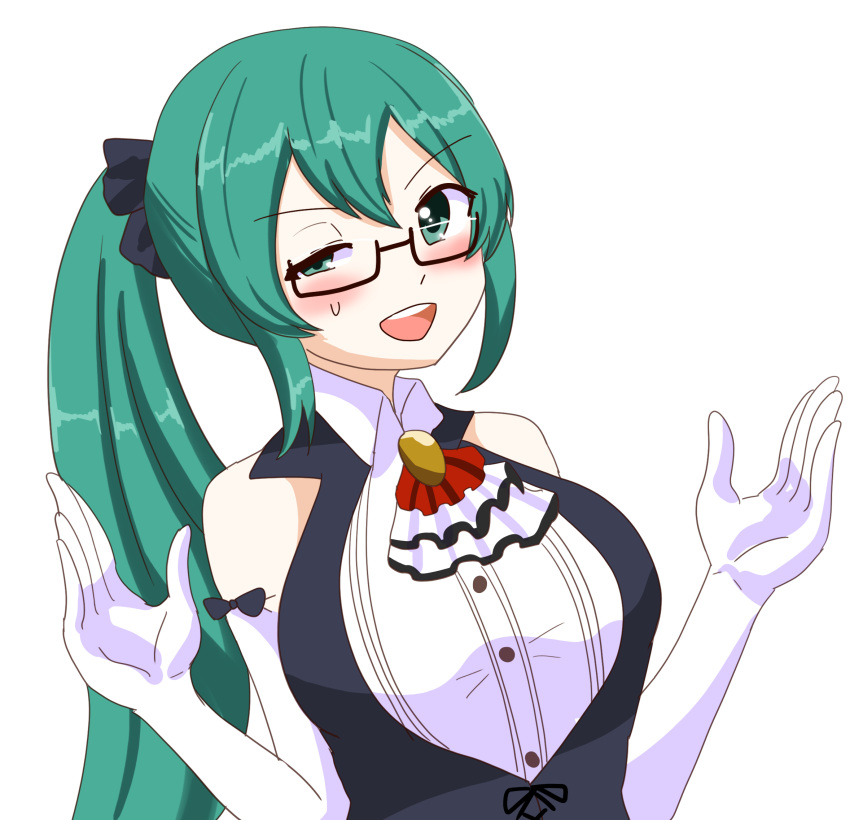 .live 1girl bangs bare_shoulders black-framed_eyewear black_bow black_vest bow buttons collared_shirt commentary_request cropped_torso dress_shirt elbow_gloves eyebrows_visible_through_hair glasses gloves green_eyes green_hair hair_between_eyes hair_bow hands_up highres kagura_suzu_(.live) light_blush long_hair looking_at_viewer open_hands open_mouth ribbon-trimmed_gloves ribbon_trim semi-rimless_eyewear shiny shiny_hair shirt side_ponytail sleeveless sleeveless_shirt solo transparent_background under-rim_eyewear upper_body upper_teeth vest virtual_youtuber white_gloves white_neckwear white_shirt zi-gaden