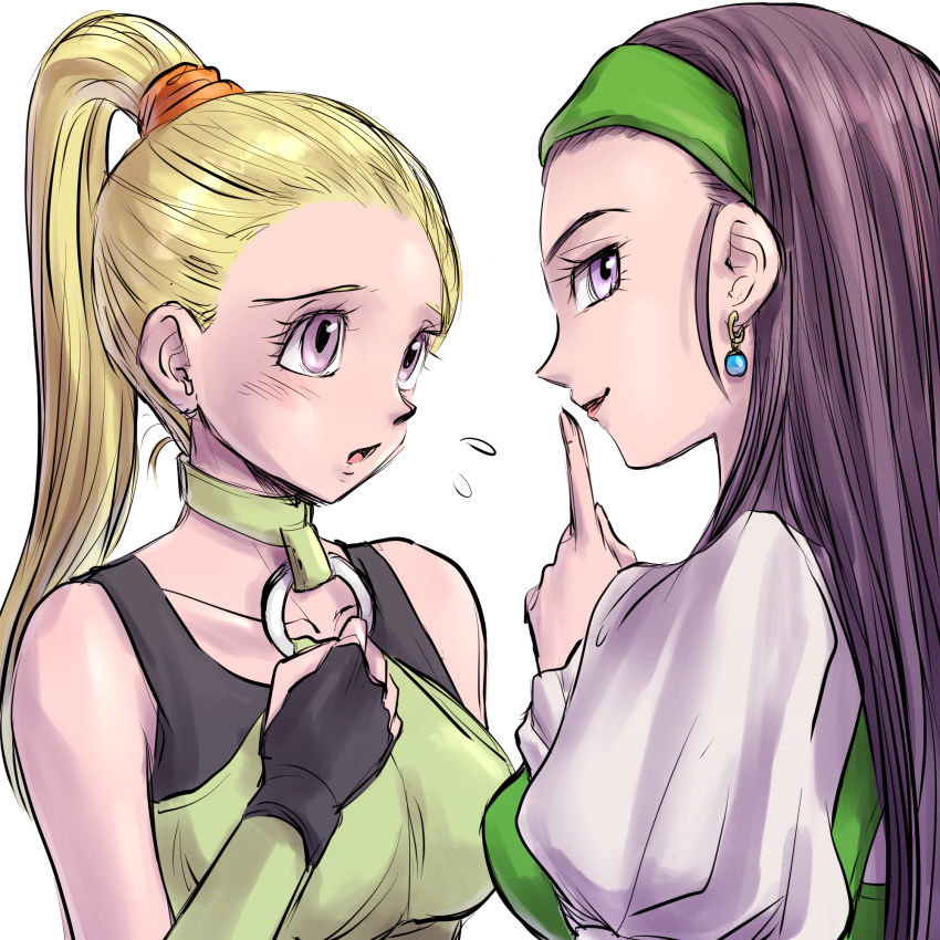 2girls bare_shoulders black_shirt blonde_hair chinyan collarbone commentary_request cosplay costume_switch dragon_quest dragon_quest_xi dress earrings green_dress green_hairband green_shirt hair_ornament hair_scrunchie hairband highres jewelry long_hair martina_(dq11) martina_(dq11)_(cosplay) multiple_girls o-ring o-ring_top orange_scrunchie ponytail purple_hair scrunchie senya_(dq11) senya_(dq11)_(cosplay) shirt sleeveless sleeveless_shirt two-tone_shirt upper_body violet_eyes white_shirt