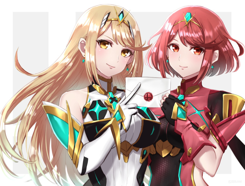 2girls bangs black_gloves blonde_hair breasts chest_jewel earrings fingerless_gloves gem gloves headpiece highres jewelry large_breasts long_hair multiple_girls mythra_(xenoblade) pyra_(xenoblade) red_eyes red_shorts redhead shinae short_hair shorts smash_invitation super_smash_bros. swept_bangs tiara very_long_hair xenoblade_chronicles_(series) xenoblade_chronicles_2 yellow_eyes