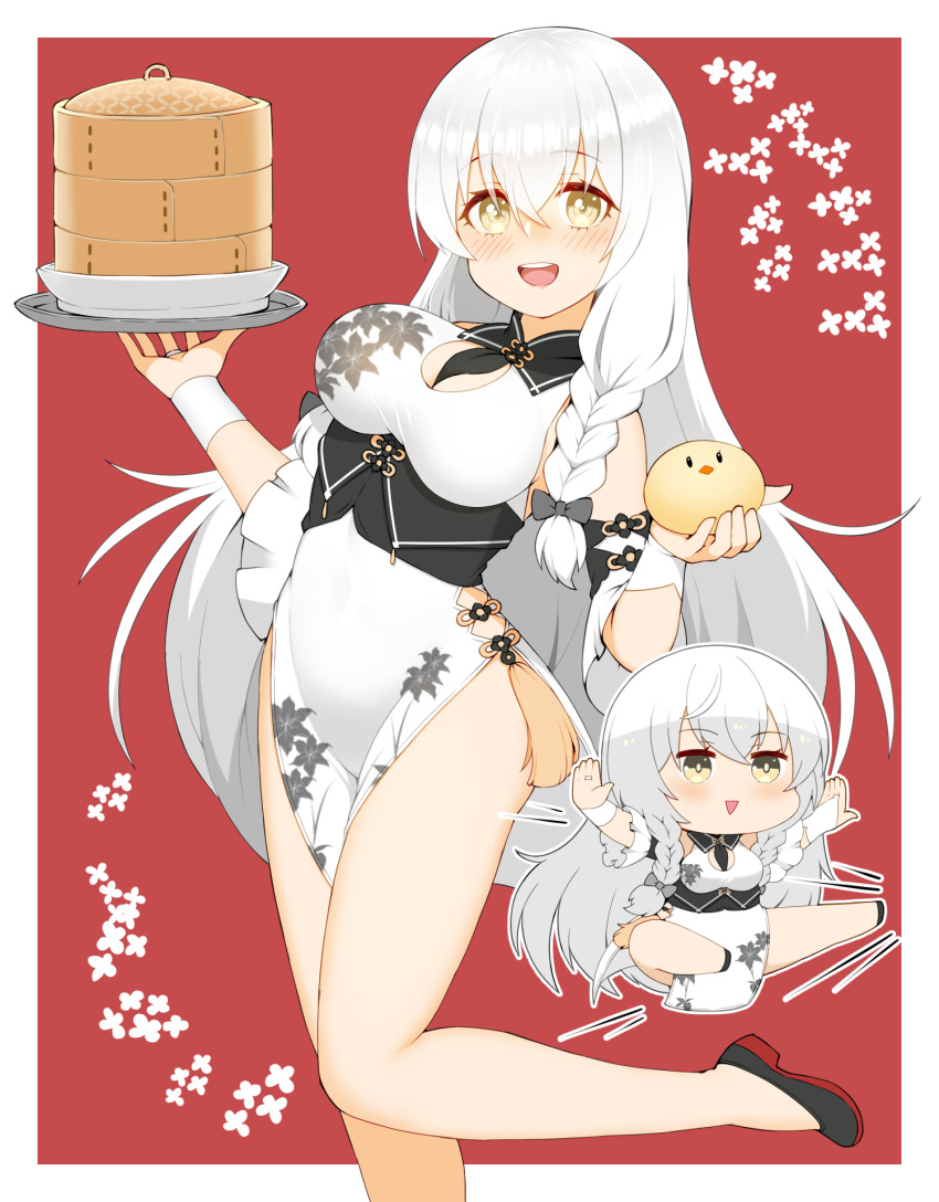 1girl :d alternate_costume azur_lane bamboo_steamer bangs baozi bare_shoulders black_bow black_footwear blush bow braid breasts bridal_gauntlets cap105 chibi chibi_inset china_dress chinese_clothes cleavage_cutout clothing_cutout commentary_request cowboy_shot dress dumpling eyebrows_visible_through_hair flats food full_body hair_between_eyes hair_bow hermione_(azur_lane) highres holding holding_food holding_tray kicking large_breasts long_hair looking_at_viewer manjuu_(azur_lane) motion_lines open_mouth pelvic_curtain pun red_background side_slit sidelocks silver_hair simple_background sleeveless sleeveless_dress smile standing standing_on_one_leg tray triangle_mouth twin_braids upper_teeth white_dress yellow_eyes