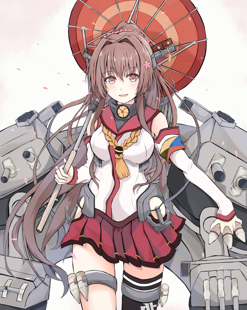 1girl black_legwear brown_hair cannon cherry_blossoms commentary_request cowboy_shot dairyo3 detached_sleeves headgear highres hip_vent kantai_collection long_hair looking_at_viewer machinery oil-paper_umbrella pleated_skirt ponytail red_skirt red_umbrella simple_background single_thighhigh skirt solo thigh-highs turret umbrella white_background yamato_(kancolle)