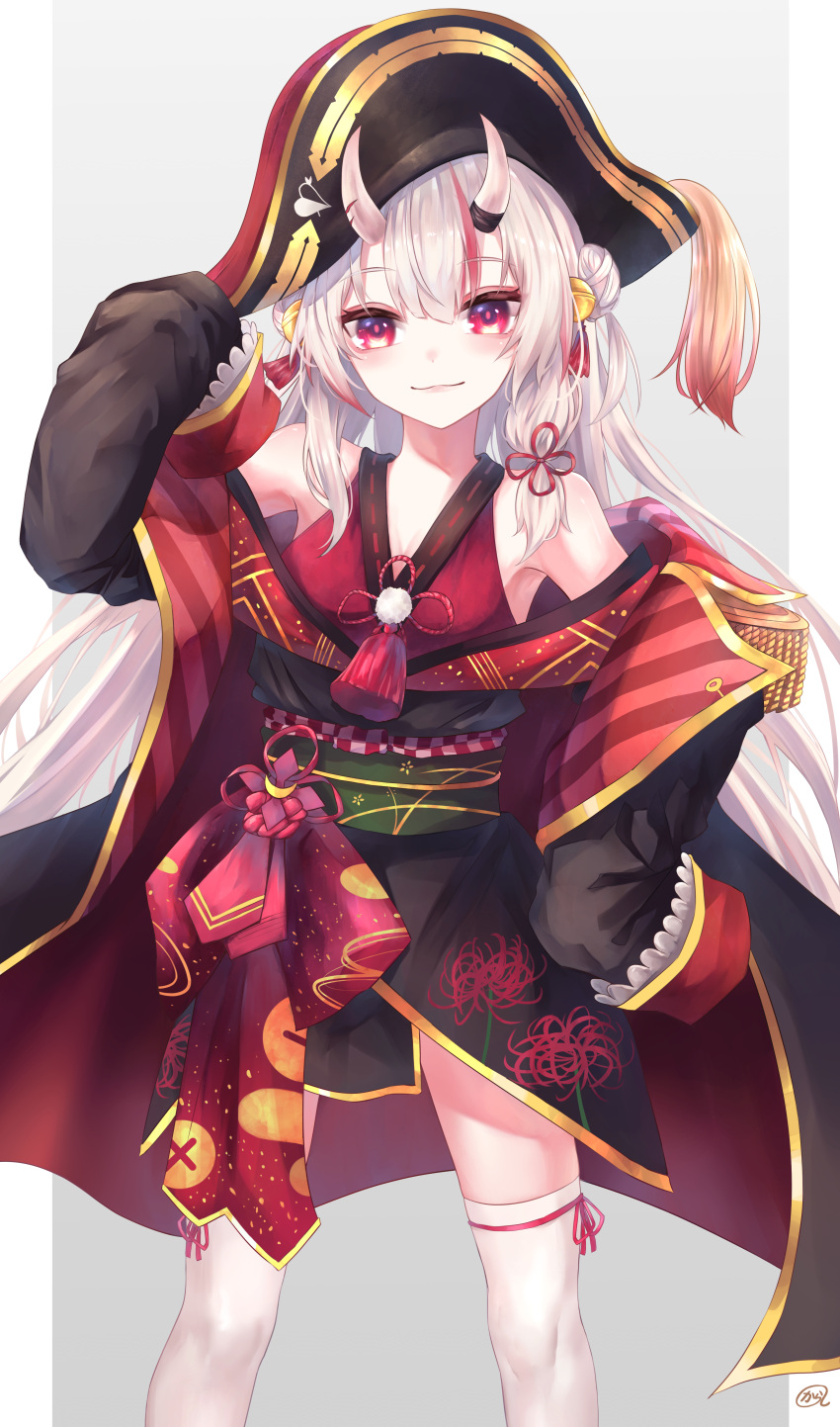 1girl absurdres armpits asarikarasi coat commentary_request hair_between_eyes hair_ornament highres hololive horns japanese_clothes long_hair looking_at_viewer nakiri_ayame oni_horns red_eyes silver_hair simple_background smile solo thigh-highs virtual_youtuber white_background