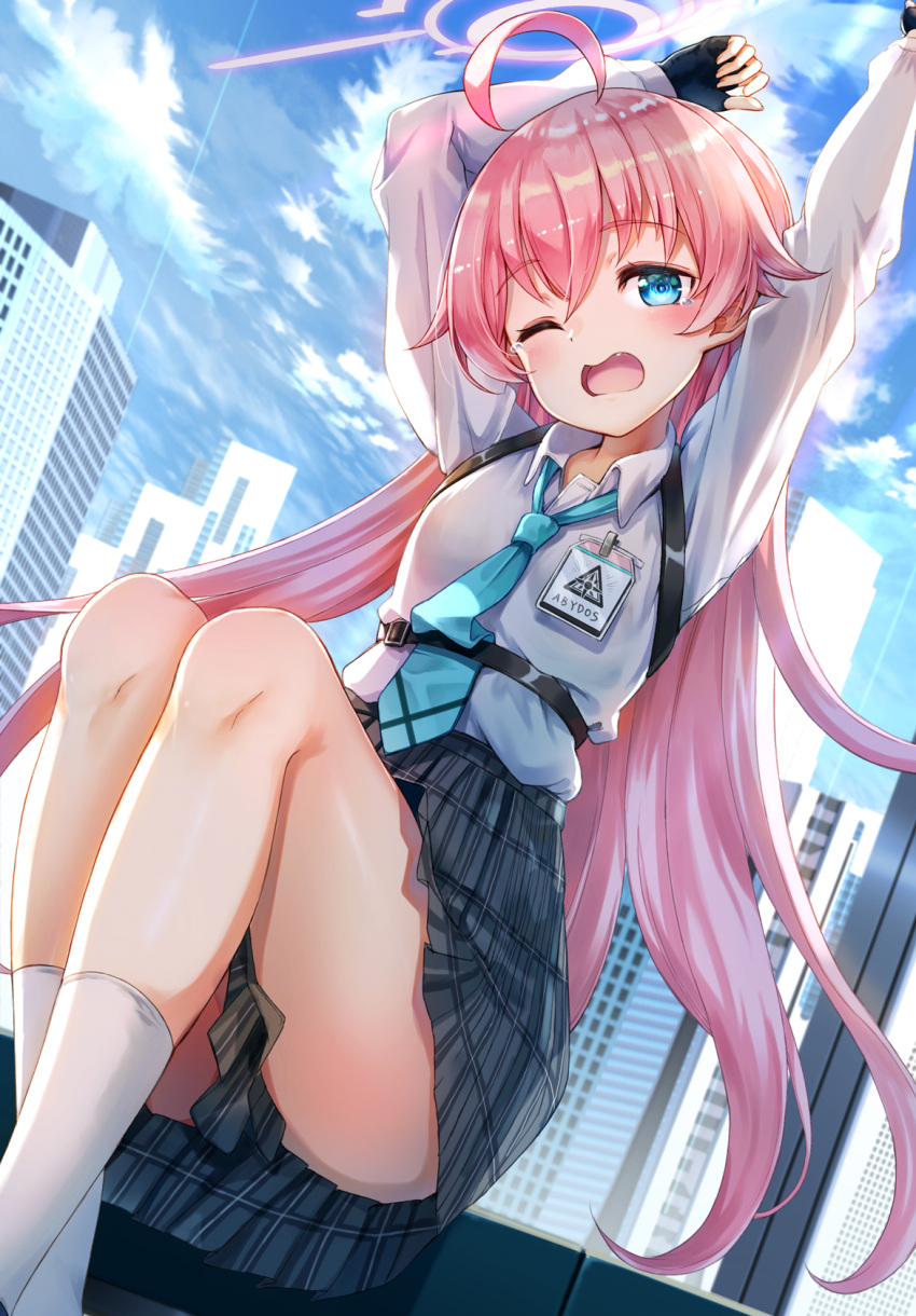1girl ahoge arms_up ass belt black_gloves black_skirt blue_archive blue_eyes cityscape collared_shirt day fang fingerless_gloves gloves halo highres hoshino_(blue_archive) id_card long_hair long_sleeves looking_at_viewer miniskirt necktie one_eye_closed open_mouth outdoors pink_hair plaid plaid_skirt pleated_skirt shirt shirt_tucked_in sitting skirt socks solo stretch tearing_up thighs white_legwear white_shirt yu_ni_t