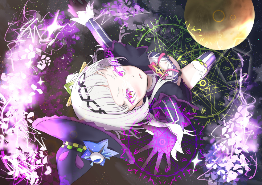 1girl absurdres bangs black_capelet black_headwear blunt_bangs blush breasts capelet cropped_shirt gloves glowing glowing_eyes grey_shirt hair_bun hair_ornament hairband hat hexagram_hair_ornament highres hololive long_hair long_sleeves looking_at_viewer magic_circle midriff murasaki_shion open_mouth pinstripe_shirt shirt silver_hair skirt smile solo striped tilted_headwear virtual_youtuber witch_hat yellow_eyes