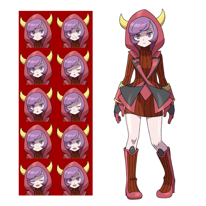 1girl asatsuki_(fgfff) bangs boots closed_mouth commentary_request courtney_(pokemon) dress expression_chart expressionless fake_horns full_body gloves highres hood hood_up horns knees looking_at_viewer pokemon pokemon_(game) pokemon_oras purple_hair red_dress ribbed_dress shiny shiny_skin short_hair standing team_magma turtleneck_dress violet_eyes white_background