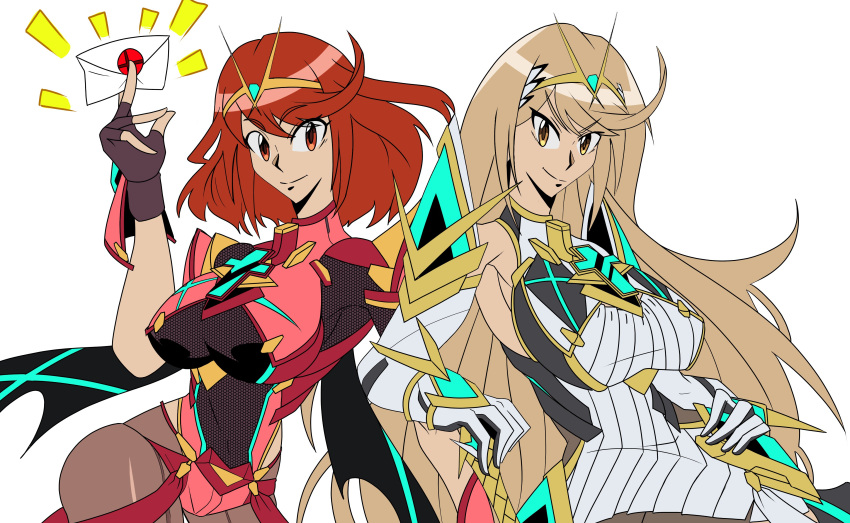 2girls blonde_hair jewelry mythra_(xenoblade) pyra_(xenoblade) red_hair super_smash_bros._ultimate xenoblade_(series) xenoblade_2