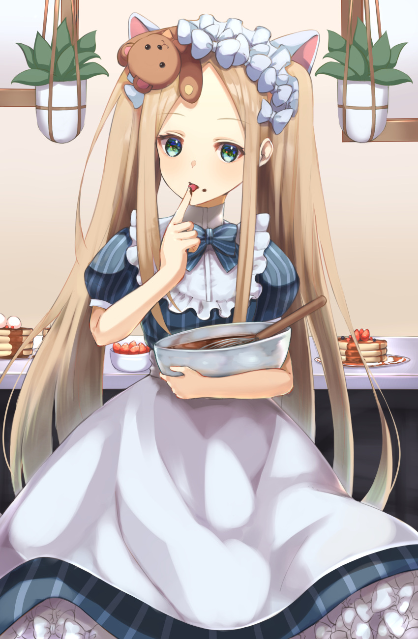 1girl abigail_williams_(fate) absurdres animal_ears apron bangs bao_(s_888) blonde_hair blue_dress blue_eyes blush bow breasts cat_ears cook_heart_(fate) dress fate/grand_order fate_(series) food forehead fruit hair_bow highres long_hair looking_at_viewer mixing_bowl multiple_bows multiple_hair_bows pancake parted_bangs plate puffy_short_sleeves puffy_sleeves short_sleeves sidelocks small_breasts strawberry stuffed_animal stuffed_toy tasting teddy_bear tongue tongue_out twintails whisk