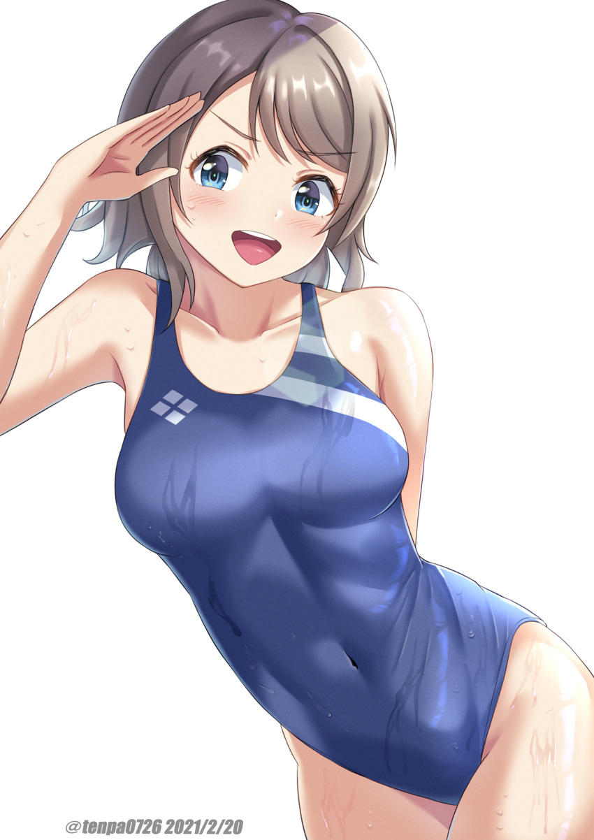 1girl arm_behind_back blue_eyes blue_swimsuit breasts commentary_request competition_swimsuit cowboy_shot dated grey_hair highres love_live! love_live!_sunshine!! medium_breasts one-piece_swimsuit open_mouth salute short_hair simple_background sky swimsuit tenpa_(tenpa2190) twitter_username upper_teeth watanabe_you wet wet_clothes wet_swimsuit white_background