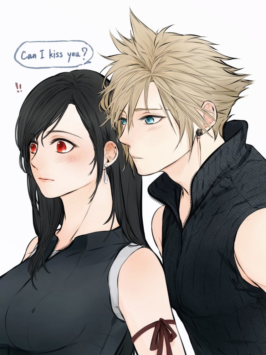 !! 1boy 1girl bangs bare_shoulders black_hair black_jacket black_shirt blonde_hair blue_eyes breasts closed_mouth cloud_strife earrings english_text final_fantasy final_fantasy_vii hetero highres jacket jewelry khaw_(cloudstdontcare) large_breasts long_hair long_neck looking_at_another musical_note red_eyes shirt short_hair sleeveless speech_bubble spiky_hair spoken_musical_note symbol_commentary tifa_lockhart upper_body