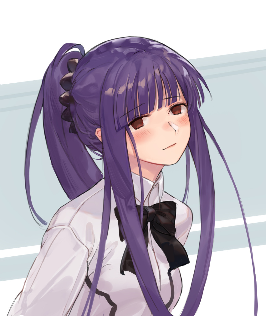 1girl absurdres asagami_(hnt16303310) asagami_fujino bangs black_neckwear blue_hair blush bow bowtie breasts brown_eyes collared_shirt dress_shirt highres kara_no_kyoukai long_hair long_sleeves looking_at_viewer ponytail shirt sidelocks small_breasts white_shirt