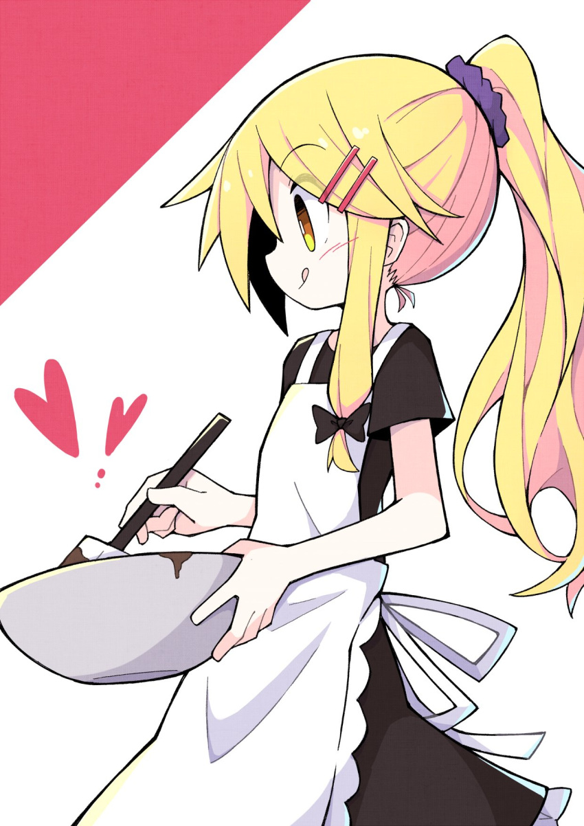 1girl :q alternate_costume alternate_hairstyle apron asameshi black_bow black_dress blonde_hair bow bowl bright_pupils chocolate commentary dress from_side hair_bow hair_ornament hairclip heart highres holding holding_bowl holding_spatula kirisame_marisa long_hair mixing_bowl ponytail purple_scrunchie scrunchie short_sleeves single_sidelock solo spatula tongue tongue_out touhou upper_body white_background white_pupils yellow_eyes