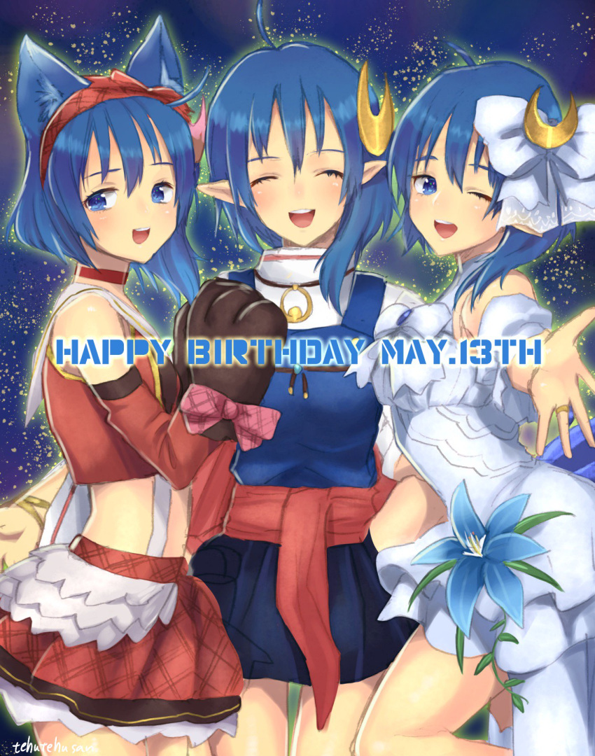 1girl ahoge blue_eyes blue_hair blue_skirt blush breasts cape crescent crescent_hair_ornament gloves hair_ornament highres looking_at_viewer murata_tefu open_mouth pointy_ears red_cape rena_lanford short_hair skirt smile solo star_ocean star_ocean_anamnesis star_ocean_the_second_story