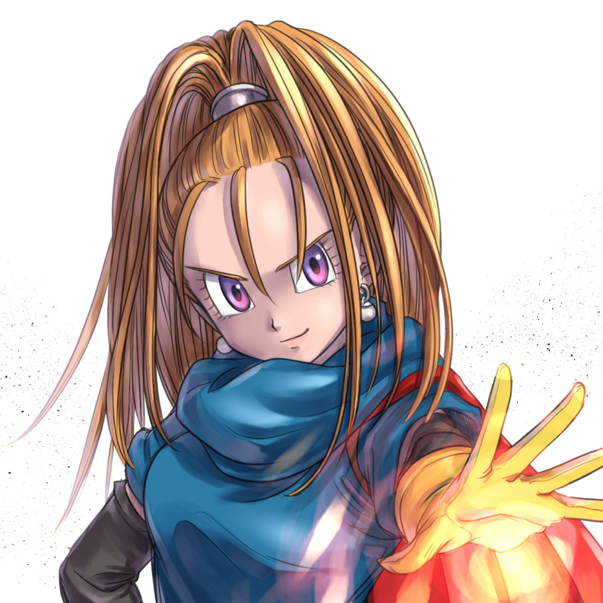 1girl barbara_(dq6) black_sleeves blue_shirt brown_hair cape chinyan commentary_request detached_sleeves dragon_quest dragon_quest_xi fire gloves high_ponytail magic outstretched_hand red_cape shirt solo violet_eyes white_background yellow_gloves