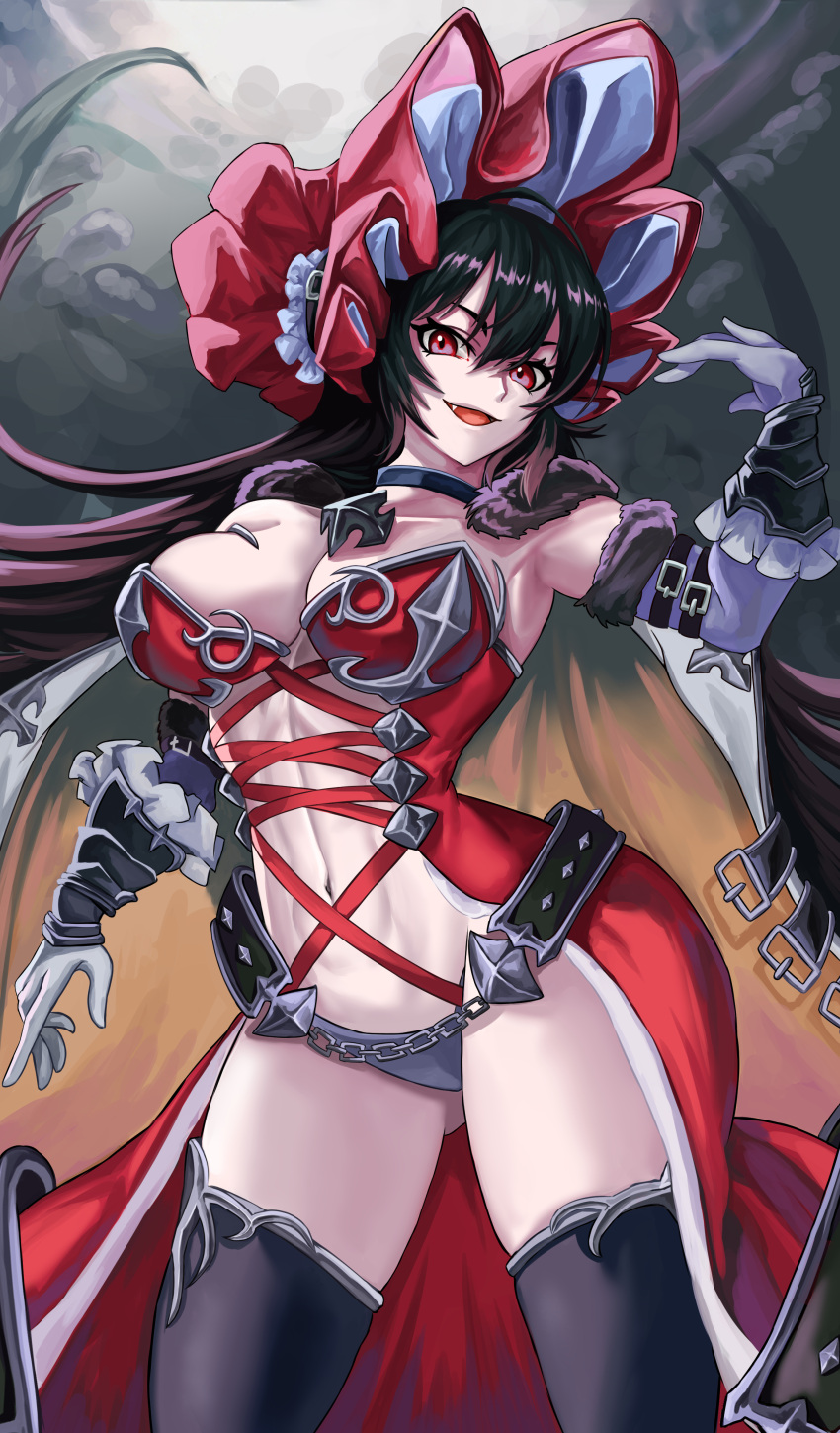 1girl absurdres ahoge armpits black_choker black_hair black_legwear breasts cape chain choker elbow_gloves fang frilled_gloves frills fur-trimmed_gloves fur_trim gloves hair_between_eyes highres ilya_(princess_connect!) large_breasts long_hair loooyd navel open_mouth princess_connect! princess_connect!_re:dive red_eyes solo thigh-highs tongue vambraces vampire white_cape white_gloves