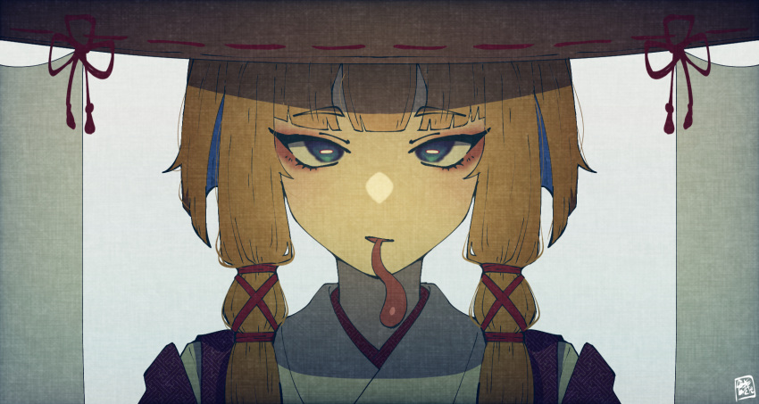 1girl bangs blonde_hair blue_eyes blunt_bangs bright_pupils brown_headwear expressionless eyebrows_visible_through_hair eyeshadow face hair_tubes hat highres horizontal_pupils looking_at_viewer makeup moriya_suwako parted_lips red_ribbon ribbon robe short_hair_with_long_locks sidelocks simple_background sokura_(mochichitose) solo tongue tongue_out touhou white_pupils