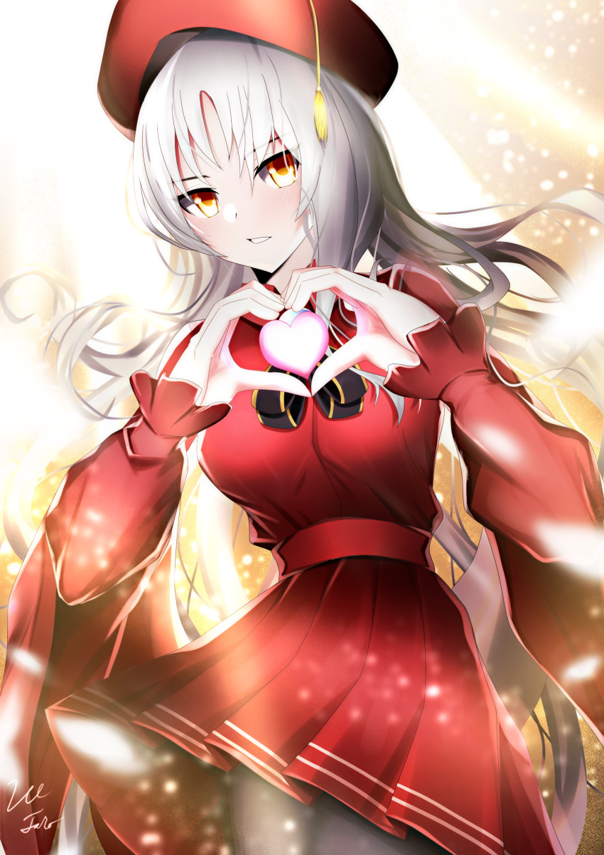 1girl bangs beret black_legwear blush breasts brooch caren_hortensia caren_hortensia_(amor_caren) dress fate/grand_order fate_(series) feathers hat heart heart_hands highres jewelry large_breasts lee-taro light_rays long_hair long_sleeves looking_at_viewer neck_ribbon pantyhose red_dress red_headwear ribbon shawl thighs wavy_hair white_hair yellow_eyes