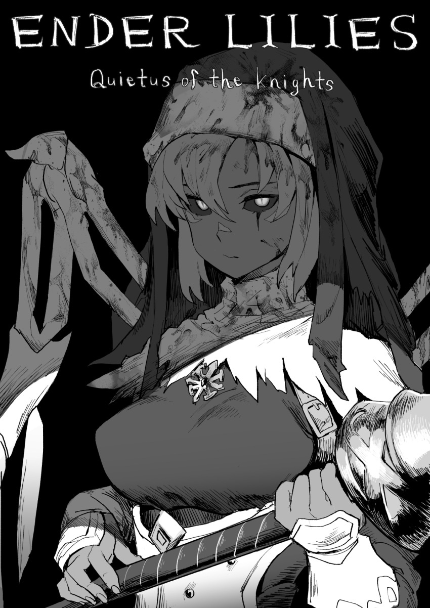 1girl armor black_background black_sclera blood blood_on_face bloody_clothes colored_sclera copyright_name covered_nipples ender_lilies_quietus_of_the_knights fingernails gesogeso greyscale hair_between_eyes hatching_(texture) highres holding holding_lance holding_polearm holding_weapon lance monochrome nun polearm short_hair simple_background skeletal_wings slit_pupils solo torn torn_clothes turtleneck upper_body weapon wings