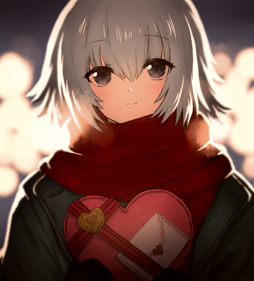 1girl absurdres bangs black_jacket blurry blurry_background blush box closed_mouth depth_of_field envelope eyebrows_visible_through_hair gift gift_box grey_eyes grey_hair hair_between_eyes heart-shaped_box highres holding holding_gift jacket looking_at_viewer onimaru_gonpei original red_scarf scarf short_hair smile solo valentine