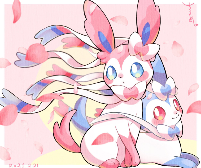 alternate_color blue_eyes blush closed_mouth commentary_request dated gen_6_pokemon heart highres looking_at_viewer looking_back no_humans paws petals pokemon pokemon_(creature) red_eyes shiny_pokemon smile surumeika_(ninfiiiir) sylveon toes