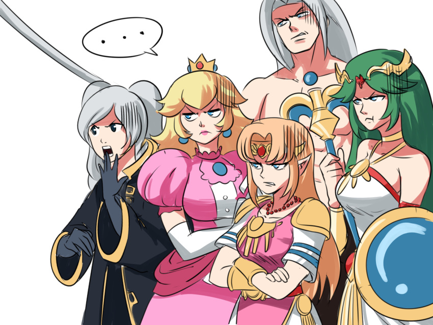 1boy 4girls :t angry blonde_hair blue_eyes circlet crossed_arms crown dress earrings final_fantasy final_fantasy_vii fire_emblem fire_emblem_awakening frown glaring green_hair grey_hair highres jealous jealousy jewelry kid_icarus kid_icarus_uprising lipstick long_hair makeup multiple_girls odd_one_out palutena pink_dress pointy_ears pout princess_peach princess_zelda robin_(fire_emblem) robin_(fire_emblem)_(female) scowl sephiroth shirtless simple_background staff super_mario_bros. super_smash_bros. the_legend_of_zelda the_legend_of_zelda:_a_link_between_worlds tina_fate white_background