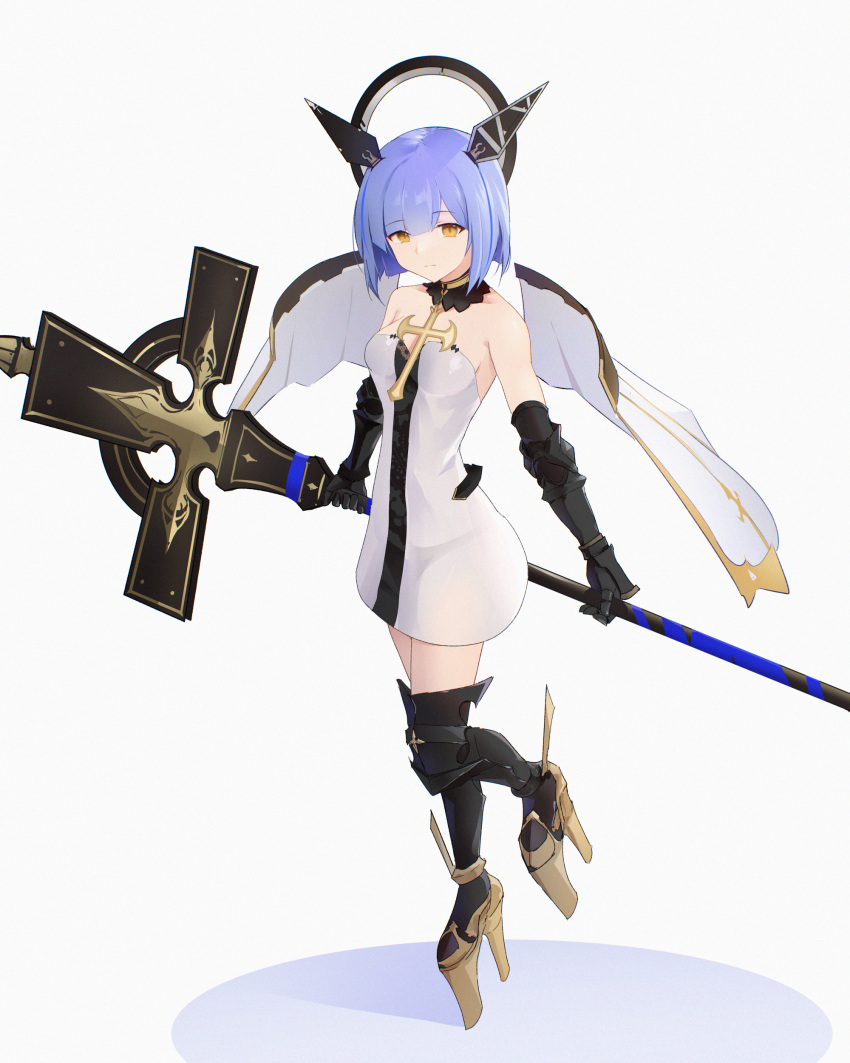 1girl absurdres armored_boots azur_lane bare_shoulders black_collar black_dress black_footwear blue_hair boots breasts collar cross cross_necklace danraz0r detached_collar detached_wings dress full_body gascogne_(azur_lane) gauntlets headgear high_heels highres holding holding_cross jewelry looking_at_viewer mechanical_halo mechanical_wings medium_hair necklace simple_background sleeveless sleeveless_dress small_breasts solo strapless strapless_dress two-tone_dress white_background white_dress wings yellow_eyes