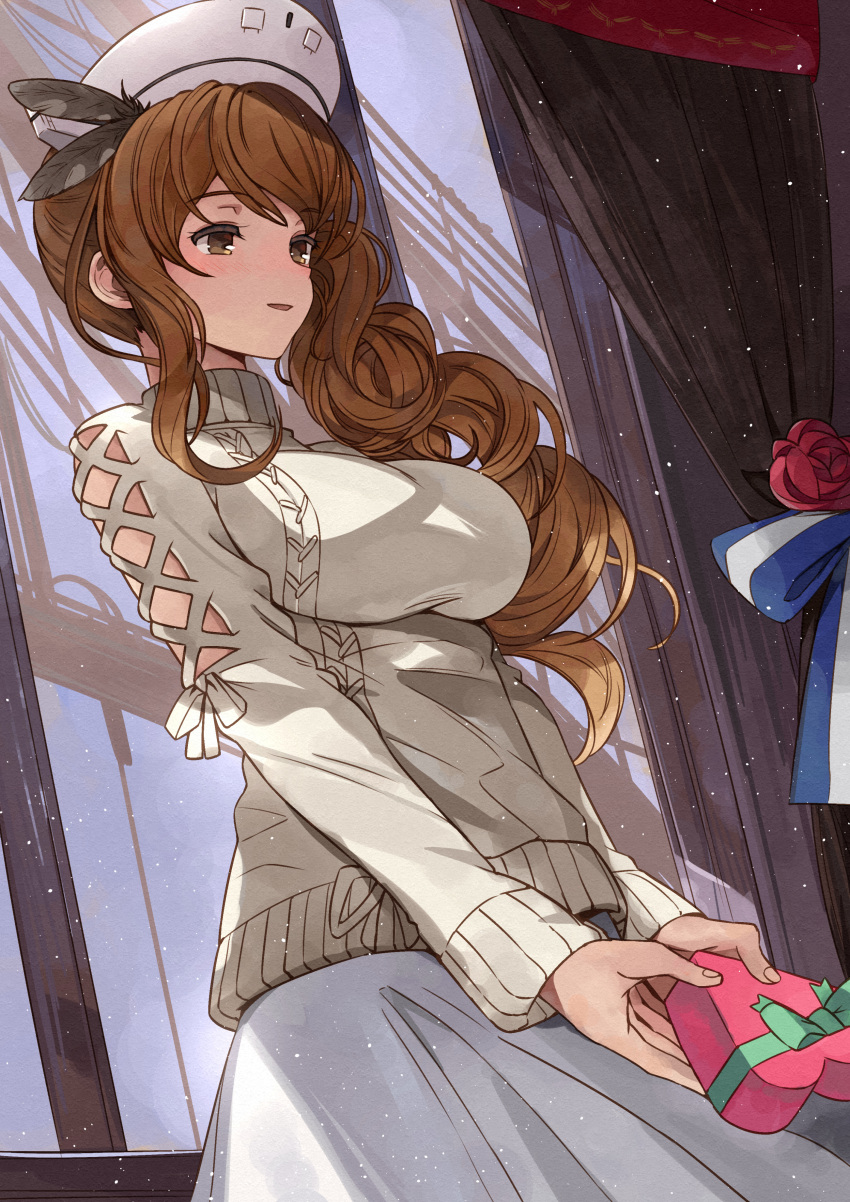 1girl absurdres blush box breasts brown_eyes gift gift_box heart-shaped_box highres holding holding_gift kanmiya_shinobu kantai_collection large_breasts light_brown_hair littorio_(kancolle) long_hair long_sleeves open_mouth ponytail skirt smile solo sweater wavy_hair white_skirt white_sweater