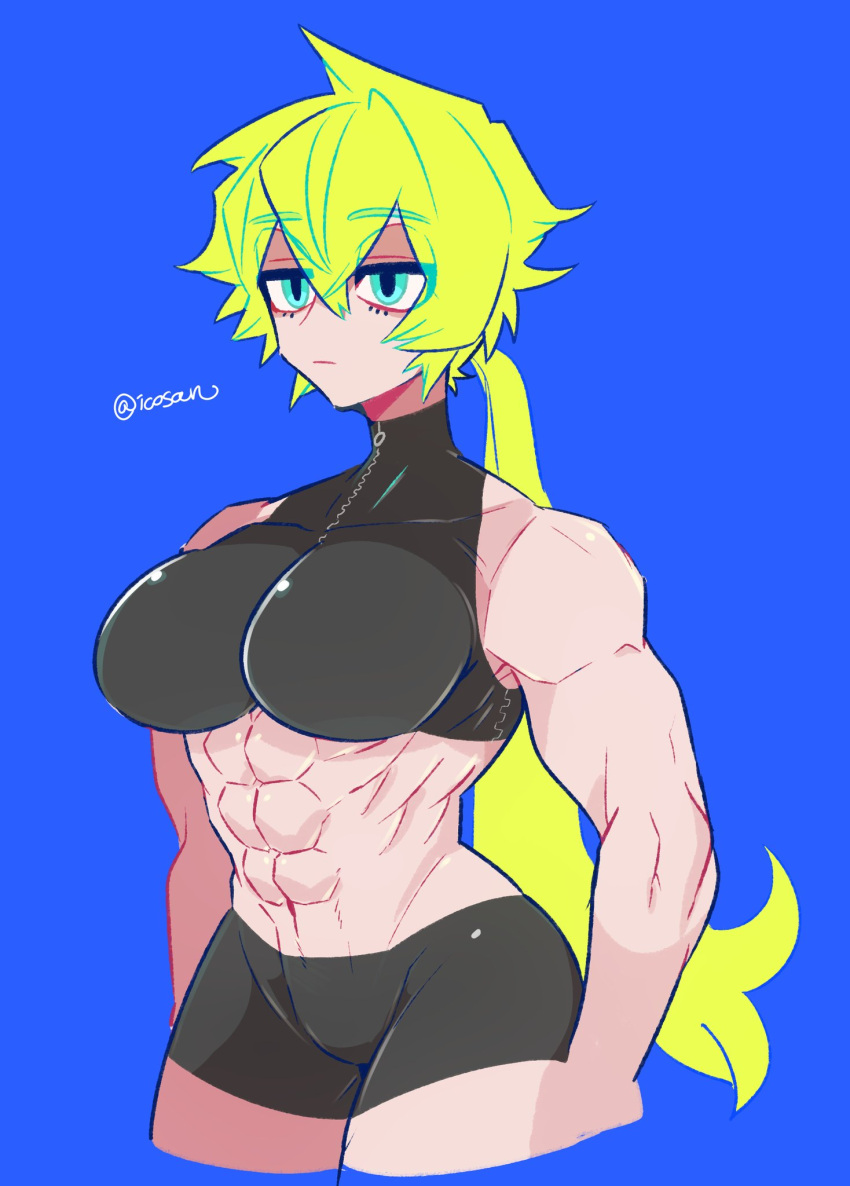 1girl abs aqua_eyes biceps black_shorts blonde_hair breasts cowboy_shot crop_top expressionless eyebrows_visible_through_hair hair_between_eyes highres iccoco large_breasts long_hair midriff muscular muscular_female original ponytail shorts sleeveless solo very_long_hair