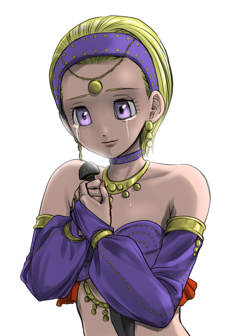 1girl bare_shoulders blonde_hair bridal_gauntlets chinyan commentary_request crying crying_with_eyes_open detached_sleeves dragon_quest dragon_quest_xi earrings hairband highres holding holding_knife jewelry knife midriff necklace purple_hairband purple_sleeves senya_(dq11) short_hair solo tears upper_body violet_eyes