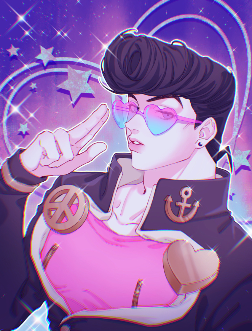 1boy absurdres black_hair blue-tinted_eyewear blue_eyes brooch chinese_commentary chromatic_aberration collarbone commentary_request diamond_wa_kudakenai diffraction_spikes earrings gakuran hand_up heart heart-shaped_eyewear higashikata_josuke high_collar highres jewelry jojo_no_kimyou_na_bouken lips long_sleeves looking_at_viewer male_focus mingyuenu outline parted_lips peace_symbol pink-tinted_eyewear pink_shirt pompadour salute school_uniform shirt solo star_(symbol) stud_earrings two-finger_salute upper_body white_outline zipper