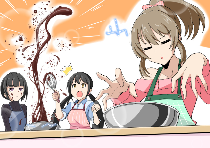 3girls ^^^ absurdres apron black_hair brown_eyes brown_hair chocolate chocolate_making chocolate_on_face closed_eyes expressionless floating floating_object food food_on_face highres holding_whisk hori_yuuko idolmaster idolmaster_cinderella_girls lightning_bolt long_hair messy mixing_bowl multiple_girls nakano_yuka off-shoulder_shirt off_shoulder ponytail seven_two_one shirayuki_chiyo shirt short_hair twintails violet_eyes whisk