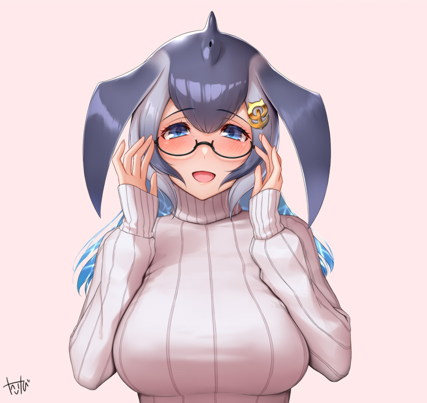 1girl anchor_hair_ornament blowhole blue_eyes blue_hair blue_whale_(kemono_friends) blush commentary_request dorsal_fin eyebrows_visible_through_hair glasses grey_hair hair_ornament hands_on_eyewear highres kemono_friends long_hair long_sleeves looking_at_viewer multicolored_hair open_mouth smile solo sweater takebi turtleneck turtleneck_sweater upper_body white_sweater