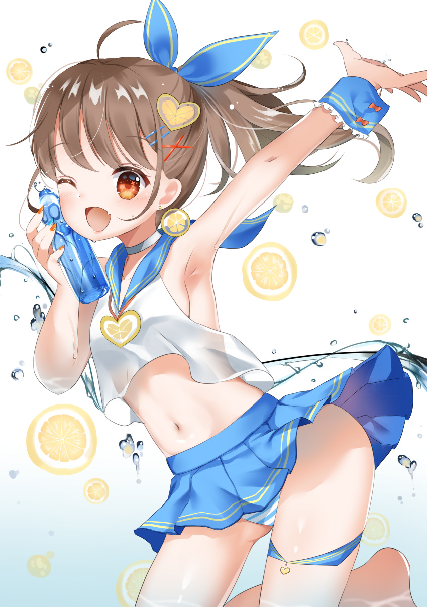 1girl absurdres arm_up armpits breasts brown_hair bubble fang food fruit heart highres looking_at_viewer medium_breasts medium_hair nail_polish navel orange orange_eyes orange_nails orange_slice original panties ponytail smile solo striped striped_panties tsukimiya_sara underwear