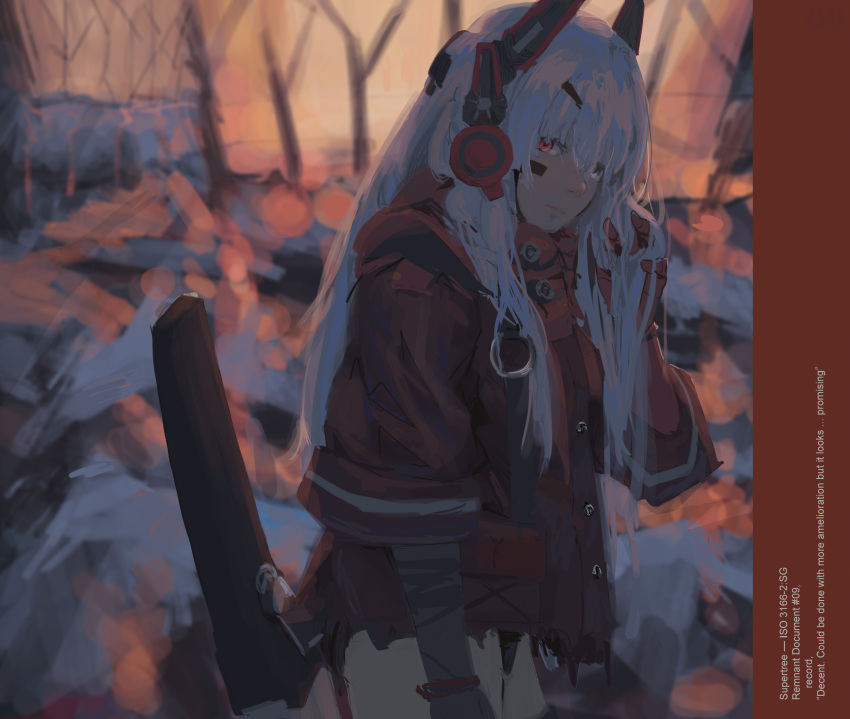 1girl bare_tree character_request closed_mouth hair_ornament hairclip hand_in_hair highres hood hood_down hooded_jacket jacket last853 long_hair looking_at_viewer outdoors painterly punishing:_gray_raven red_eyes red_jacket scabbard sheath sheathed sleeves_rolled_up solo sunset torn torn_clothes torn_jacket tree white_hair