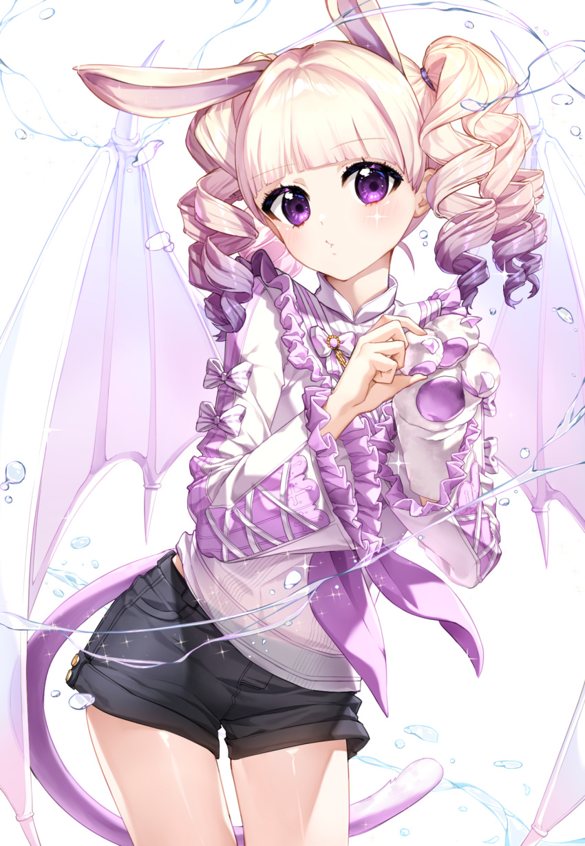 1girl animal_ears bangs black_shorts blush character_request closed_mouth commentary drill_hair eyebrows_visible_through_hair gloves gradient_hair highres hm_(wonhml) light_brown_hair long_hair long_sleeves mabinogi multicolored_hair paw_gloves paws purple_hair purple_wings shirt short_shorts shorts simple_background single_glove solo standing tail violet_eyes water white_background white_gloves white_shirt wide_sleeves wings