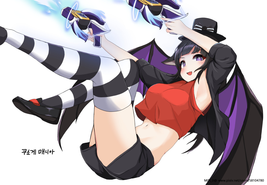 1girl :d animal_ears armpits arms_up ass bat_ears bat_girl bat_wings black_footwear black_hair black_headwear black_jacket black_shorts breasts bright_pupils commission crop_top crop_top_overhang dual_wielding fang firing gun handgun hat highres holding jacket laaaan legs_up long_hair looking_at_viewer maplestory medium_breasts midriff navel off_shoulder open_clothes open_jacket open_mouth outstretched_arms pistol red_shirt shirt shoes short_shorts short_sleeves shorts simple_background skindentation smile solo stomach striped striped_legwear thigh-highs top_hat violet_eyes weapon white_background wings