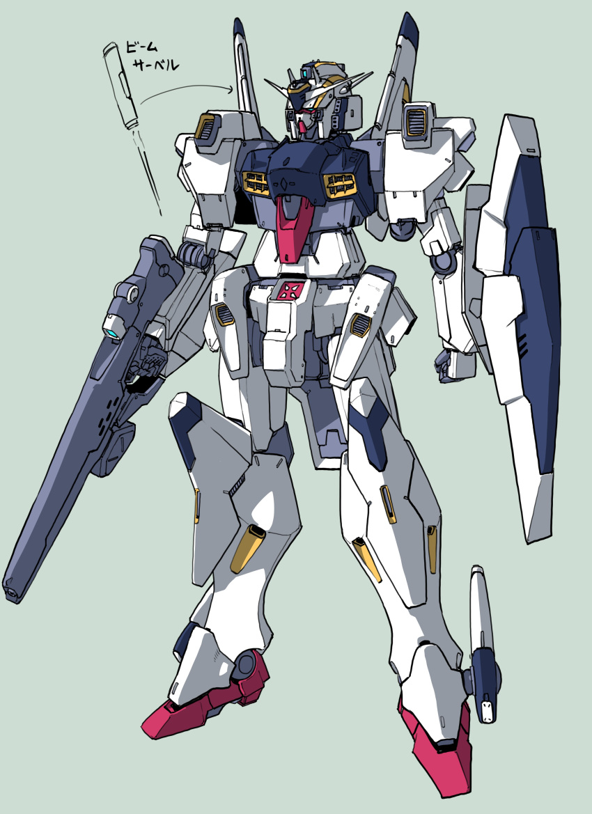 absurdres blue_eyes clenched_hand green_background gun gundam highres holding holding_gun holding_weapon kuroba_yotsuha mecha mobile_suit no_humans original science_fiction shield solo standing v-fin weapon