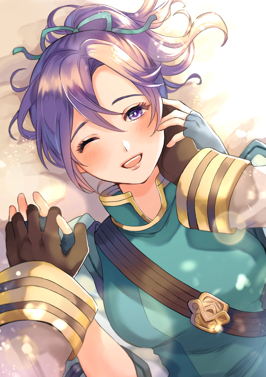 1girl absurdres commission commissioner_upload fir_(fire_emblem) fire_emblem gloves hand_on_another's_cheek hand_on_another's_face highres holding_hands kiran_(fire_emblem) looking_at_viewer one_eye_closed ponytail purple_hair ribbon smile violet_eyes wawatiku