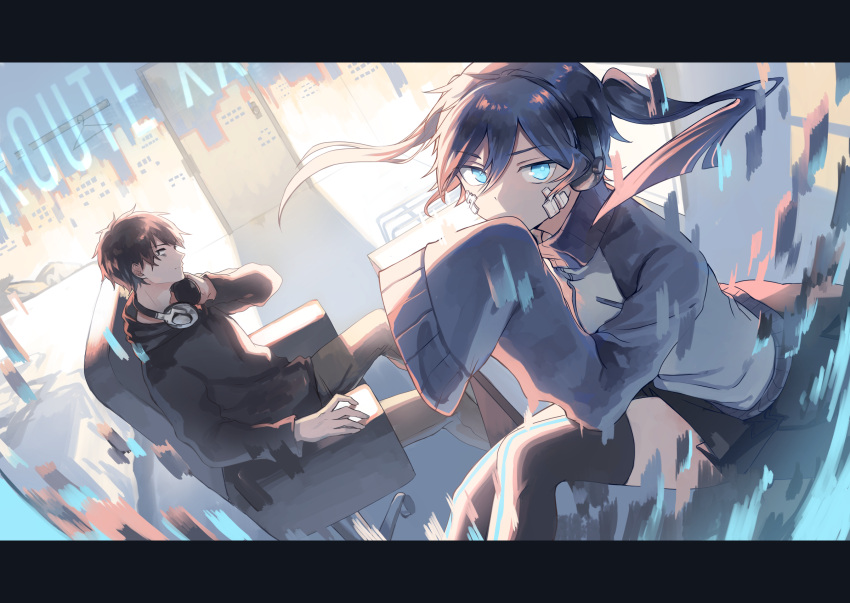 1boy 1girl bags_under_eyes bed black_eyes black_hair black_hoodie black_legwear black_skirt blue_eyes blue_hair blue_sleeves border brown_pants chair commentary crimsonseed ene_(kagerou_project) english_text feet_out_of_frame glitch hair_between_eyes headphones headphones_around_neck highres hood hoodie indoors jacket jinzou_enemy_(vocaloid) kagerou_project kisaragi_shintarou long_hair long_sleeves looking_at_viewer muted_color pants short_hair sitting skirt skyline sleeves_past_fingers sleeves_past_wrists striped striped_legwear thigh-highs track_jacket twintails