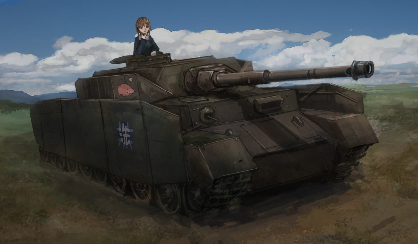 1girl brown_eyes brown_hair caterpillar_tracks clouds commentary_request day emblem girls_und_panzer grass ground_vehicle headphones highres military military_vehicle motor_vehicle mountain nishizumi_miho ooarai_(emblem) ooarai_military_uniform open_mouth panzerkampfwagen_iv short_hair sky solo tank yomanika