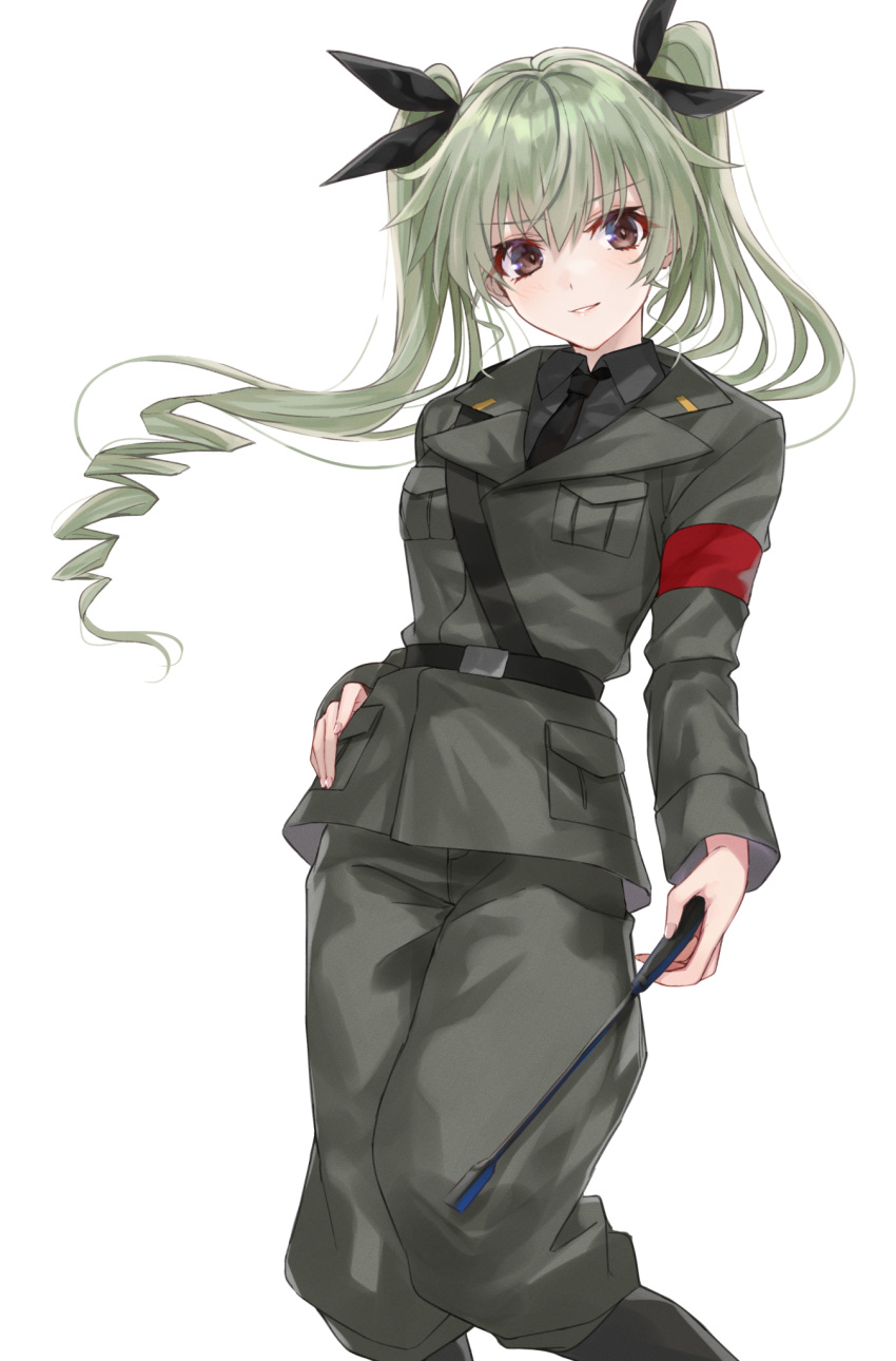 1girl anchovy_(girls_und_panzer) anzio_military_uniform bangs belt black_neckwear black_ribbon boots brown_eyes commentary drill_hair eyebrows_visible_through_hair girls_und_panzer green_hair grey_pants hair_ribbon hand_on_hip highres holding knee_boots long_hair looking_at_viewer mexifime necktie pants parted_lips ribbon riding_crop sam_browne_belt simple_background smile solo standing twin_drills twintails white_background wind