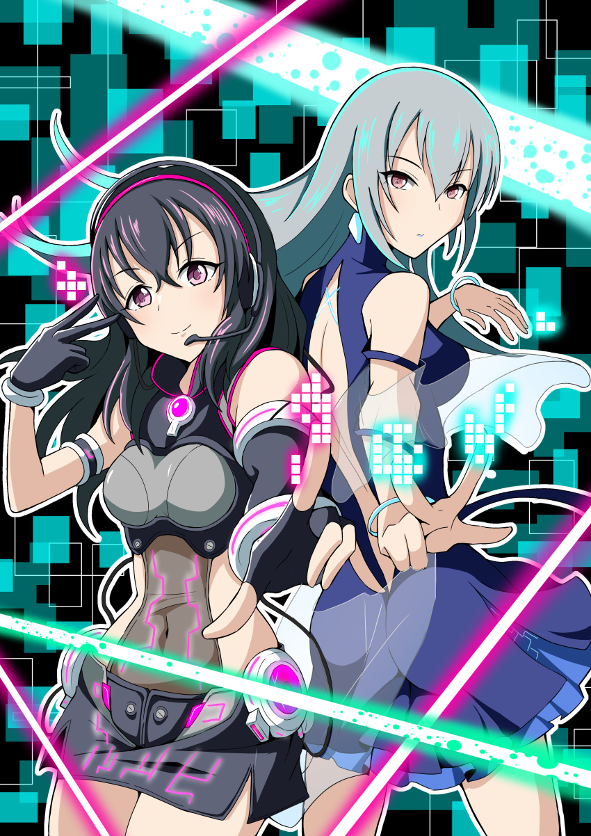 2girls absurdres asymmetrical_gloves back-to-back bangs bare_shoulders black_hair brown_eyes covered_navel cowboy_shot fingerless_gloves fujiwara_hajime gloves hairband headset highres idolmaster idolmaster_cinderella_girls long_hair multiple_girls seven_two_one silver_hair smile takamine_noa v