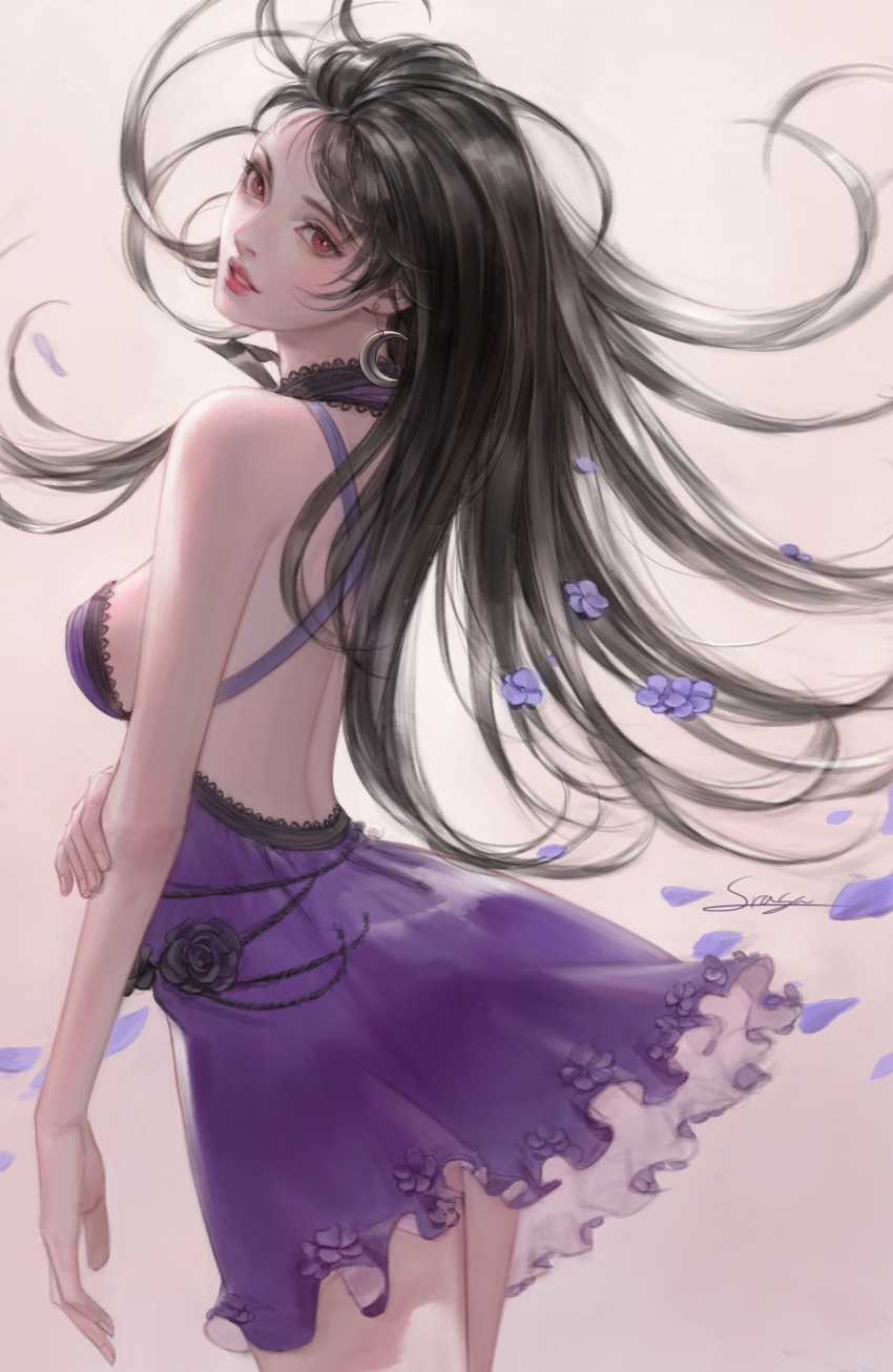 1girl absurdres bare_shoulders black_flower black_hair black_rose crescent crescent_earrings dress earrings final_fantasy final_fantasy_vii final_fantasy_vii_remake fingernails flower highres jewelry long_hair looking_at_viewer parted_lips petals pink_lips purple_dress red_eyes rose signature single_earring smile solo srasa tifa_lockhart wind