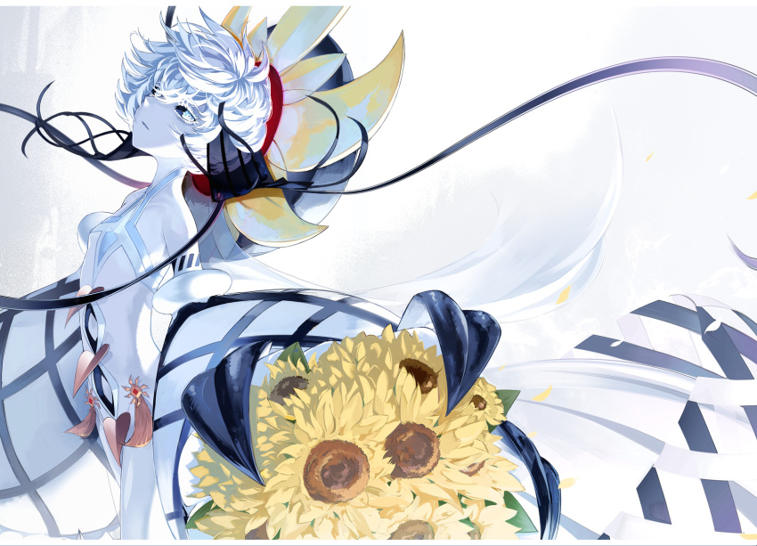 1girl black_sclera colored_sclera colored_skin fate/grand_order fate_(series) flower genderswap genderswap_(mtf) head_tilt highres looking_at_viewer sleeves_past_elbows solo sunflower ub1mo van_gogh_(fate) white_eyes white_hair white_skin yellow_flower yellow_headwear