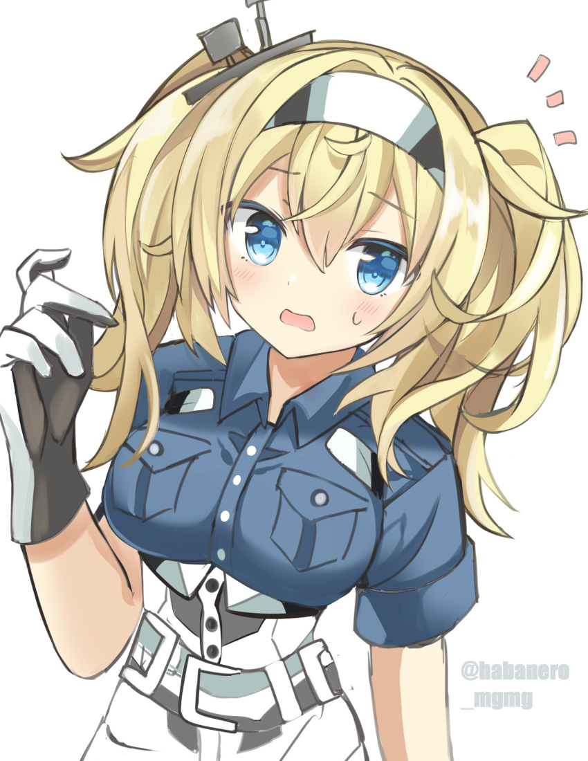 1girl ^^^ blonde_hair blue_eyes blue_shirt breast_pocket breasts collared_shirt cowboy_shot fathom gambier_bay_(kancolle) gloves hairband highres kantai_collection large_breasts long_hair multicolored multicolored_clothes multicolored_gloves open_mouth pocket shirt shorts simple_background solo twintails twitter_username white_background