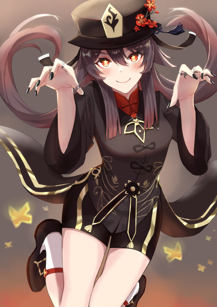 1girl black_footwear black_headwear black_nails black_shirt black_shorts breasts brown_hair chinese_clothes claw_pose closed_mouth floating_hair genshin_impact gold_trim hair_between_eyes hat highres hu_tao jewelry legs_up loli_hooker long_hair long_sleeves looking_at_viewer multiple_rings nail_polish red_eyes ring shirt shoes short_shorts shorts small_breasts smile socks solo star-shaped_pupils star_(symbol) symbol-shaped_pupils tailcoat thighs twintails white_legwear wide_sleeves