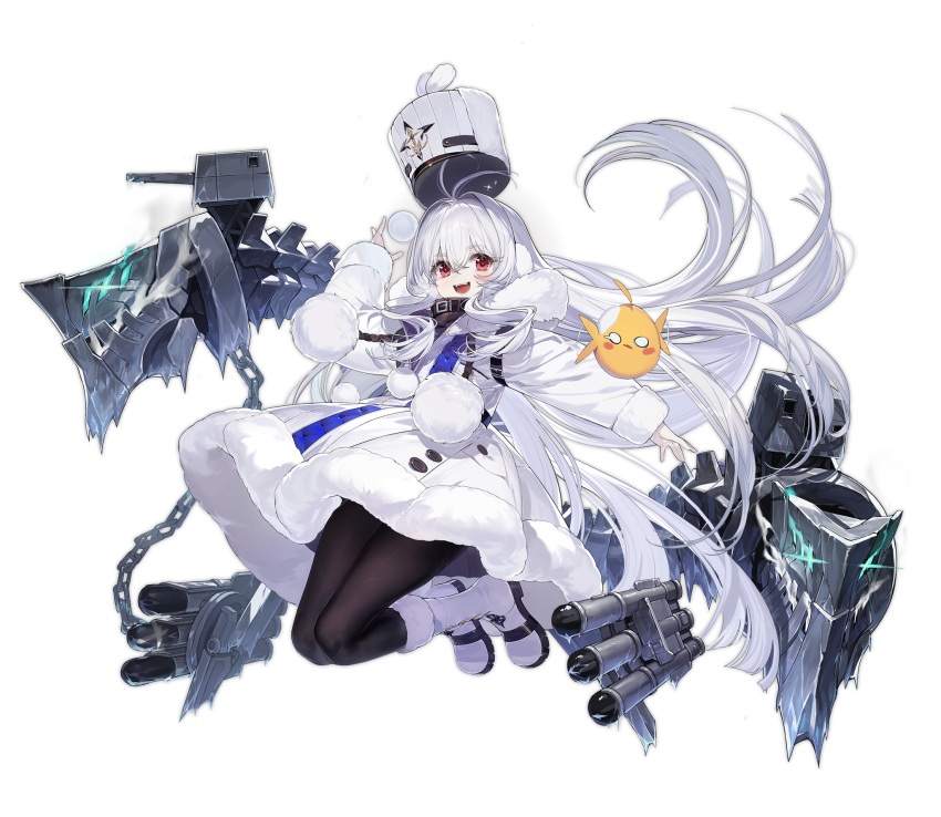 1girl ahoge azur_lane black_legwear blush boots coat coat_dress earmuffs fur-trimmed_coat fur-trimmed_collar fur-trimmed_sleeves fur_trim hair_between_eyes hat highres huoyi_(zzh100200) long_hair machinery manjuu_(azur_lane) military_hat official_art open_mouth pantyhose red_eyes rigging smile snow snowball stremitelny_(azur_lane) tornado transparent_background turret very_long_hair white_coat white_footwear white_hair