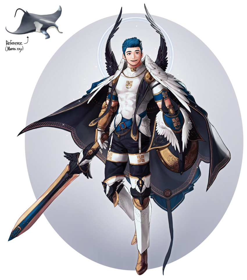 1boy abs black_pants blue_hair cape covered_abs full_body gloves highres holding holding_sword holding_weapon male_focus manta_ray open_mouth original pants rinotuna shadow short_hair smile solo sparkle standing sword weapon white_gloves